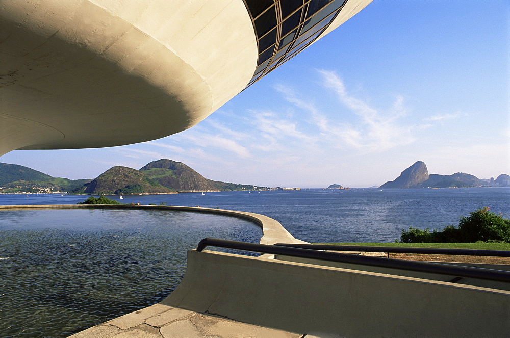 View across bay to Rio from Museo de Arte Contemporanea, by Oscar Niemeyer, Rio de Janeiro, Brazil, South America