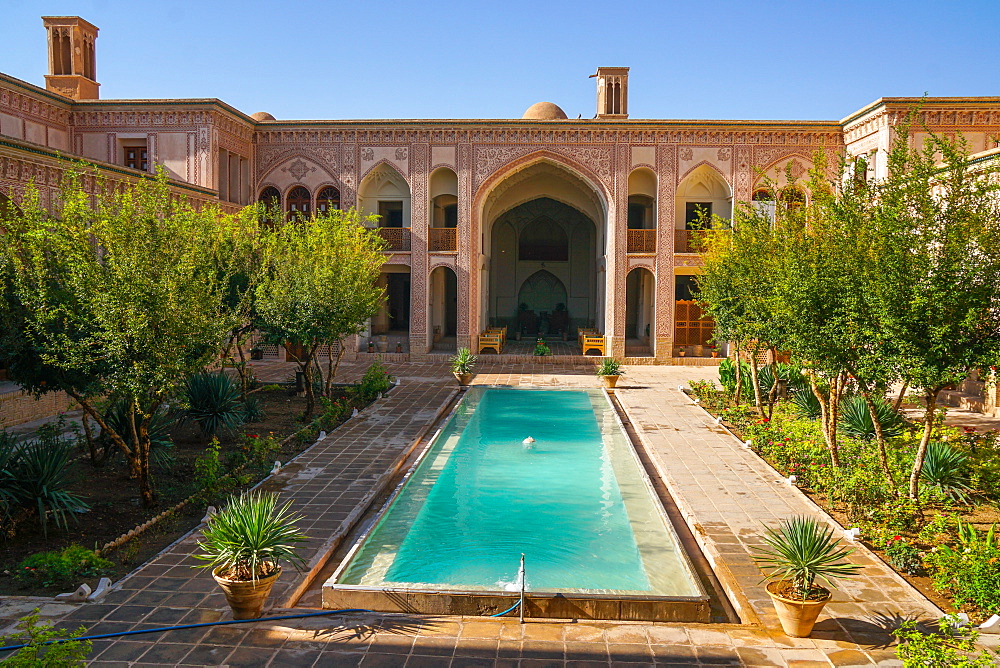 Courtyard of late 18th century Qajar Mansion, now Serai Ameriha Hotel, Kashan, Iran, Middle East