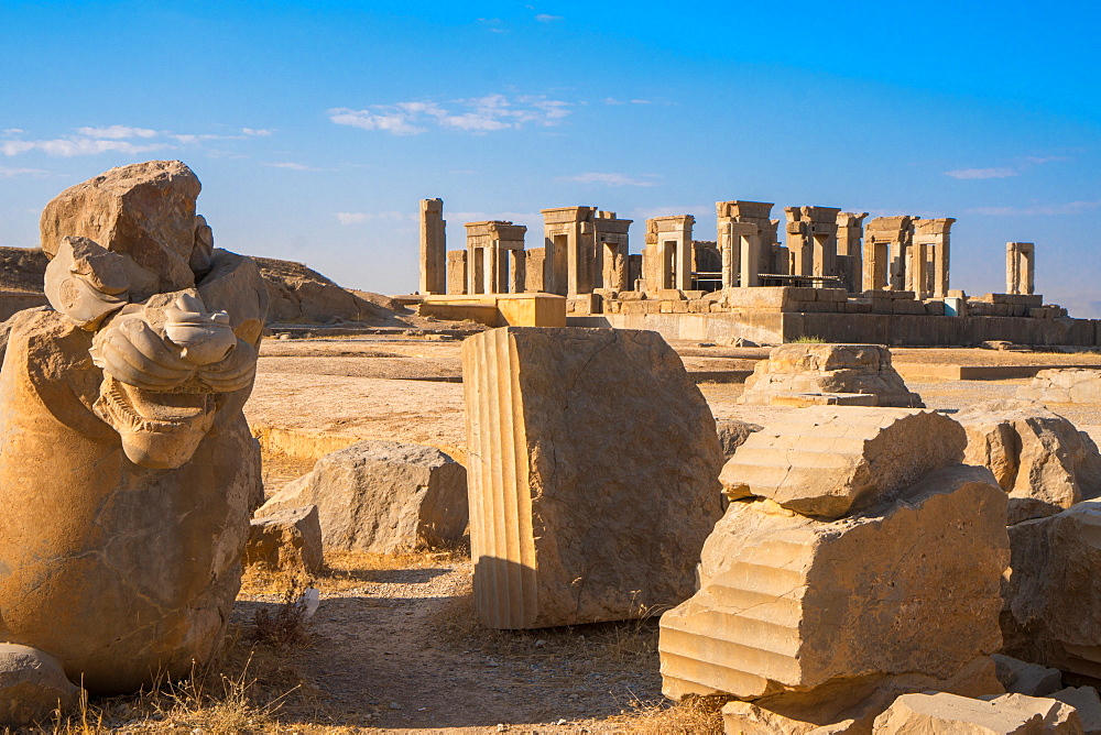 Broken bull column in foreground, Persepolis, UNESCO World Heritage Site, Iran, Middle East