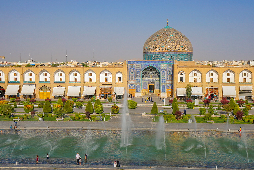 View across Naqsh-e (Imam) Square, UNESCO World Heritage Site, from Ali Qapu Palace opposite Sheikh Lotfollah Mosque, Isfahan, Iran, Middle East