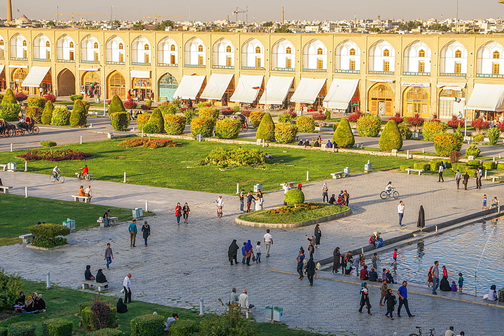 View across Naqsh-e (Imam) Square, UNESCO World Heritage Site, from Ali Qapu Palace, Isfahan, Iran, Middle East