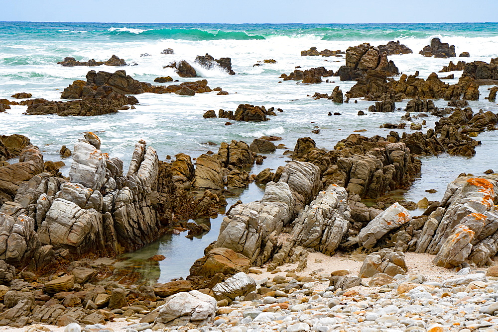 Rocks and bay at the southernmost tip of Africa, Cape Agulhas, Western Cape, South Africa, Africa