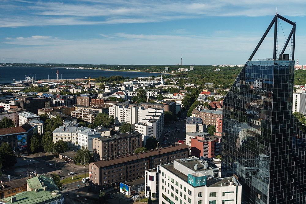 Cityscape of modern buildings and Baltic Sea, Tallinn, Estonia, Europe