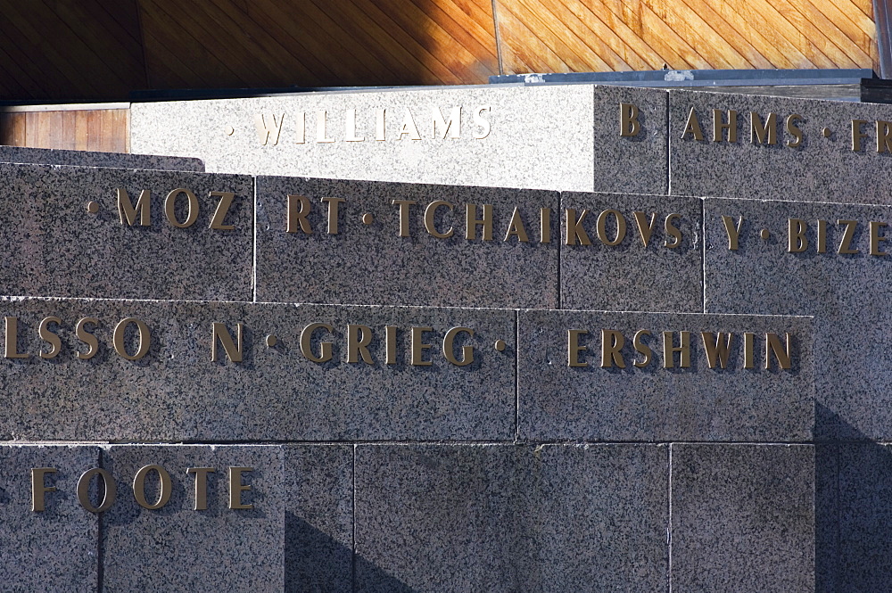 The Hatch Memorial Shell on The Esplanade,close up of Composer's names, Boston, Massachusetts, USA