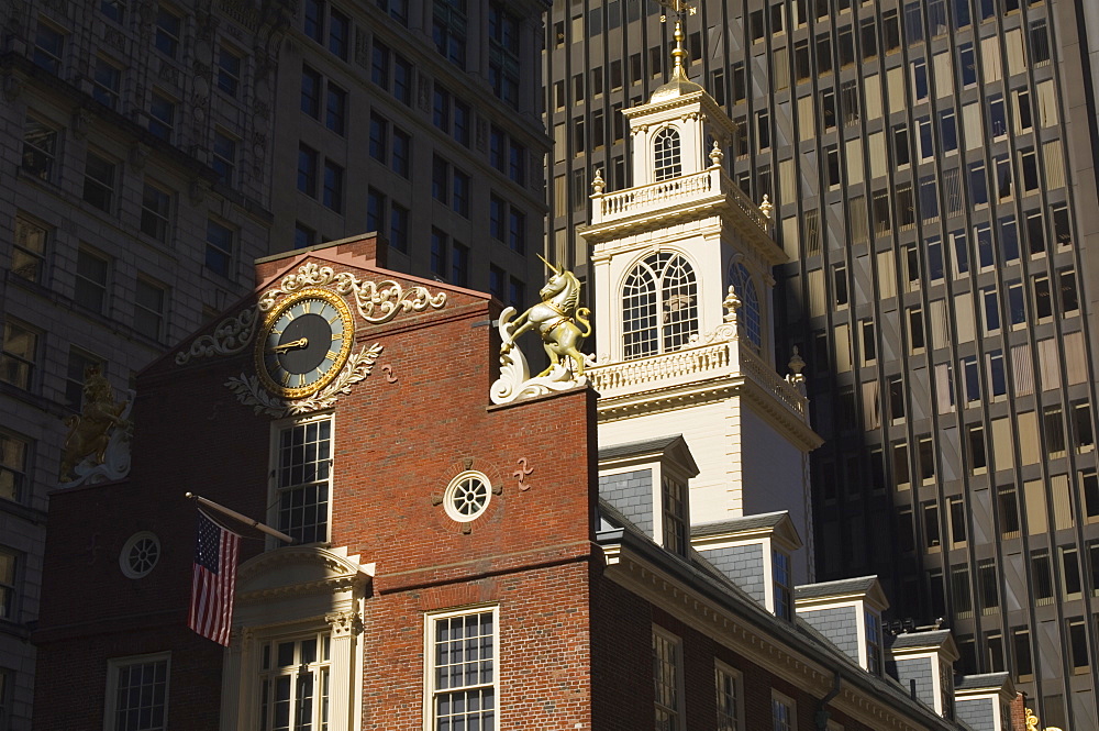 The Old State House, 1713, now surrounded by modern towers in the Financial District, Boston, Massachusetts, USA