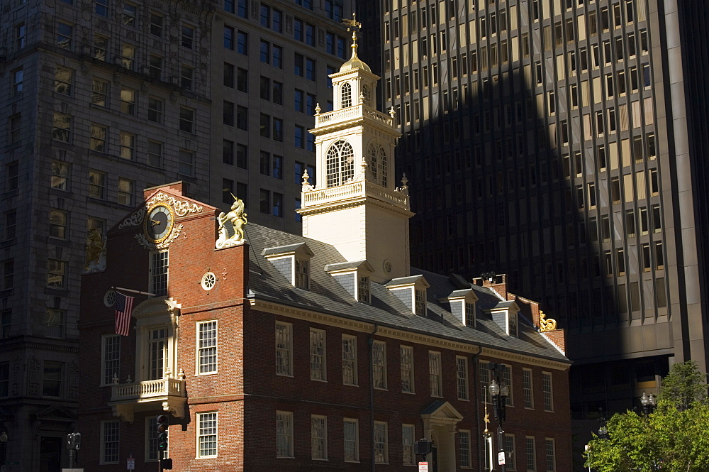 The Old State House, 1713, now surrounded by modern towers in the Financial District, Boston, Massachusetts, USA