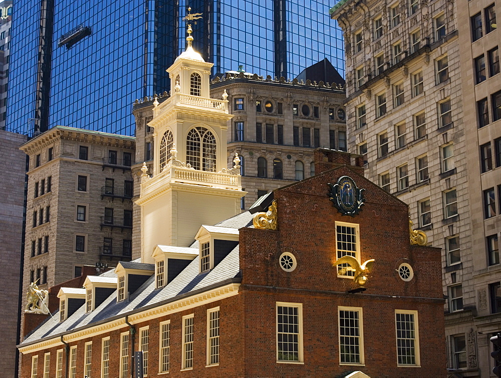 The Old State House, 1713, now surrounded by modern towers in the Financial District, Boston, Massachusetts, USA