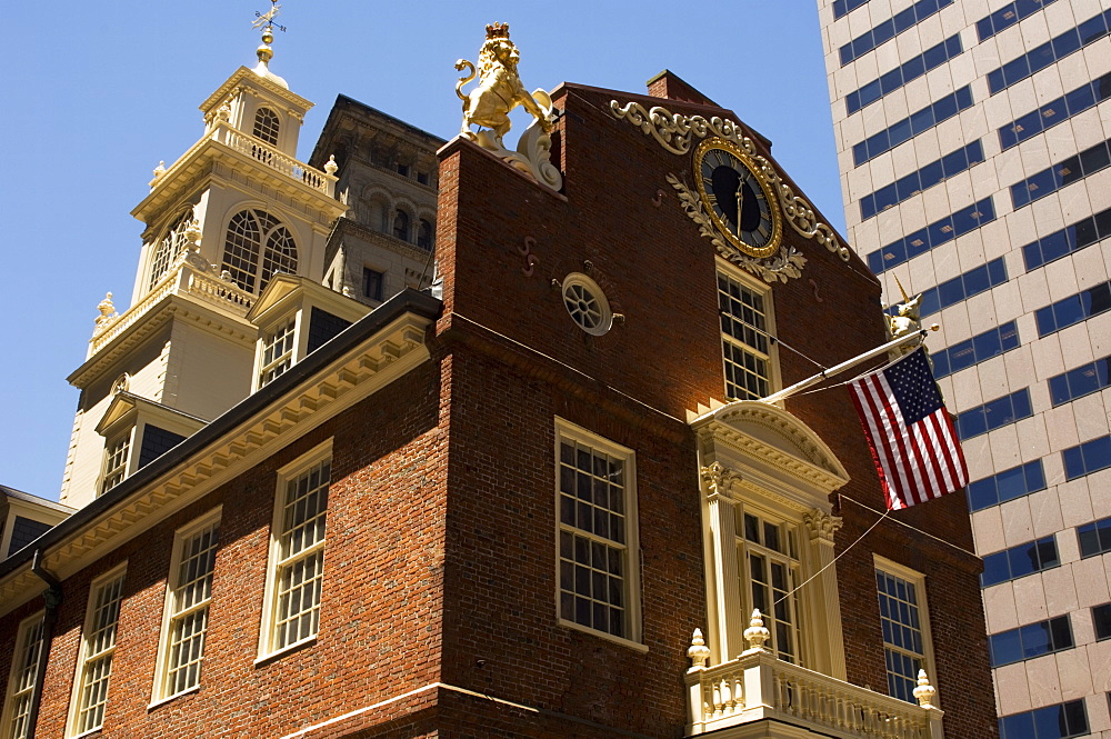 The Old State House, 1713, now surrounded by modern towers in the Financial District, Boston, Massachusetts, USA