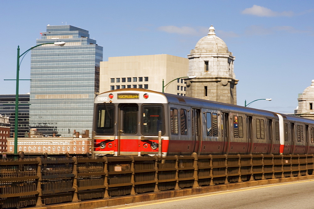 M.B.T.A. (T train) crossing Longfellow Bridge, Boston, Massachusetts, New England, United States of America, North America