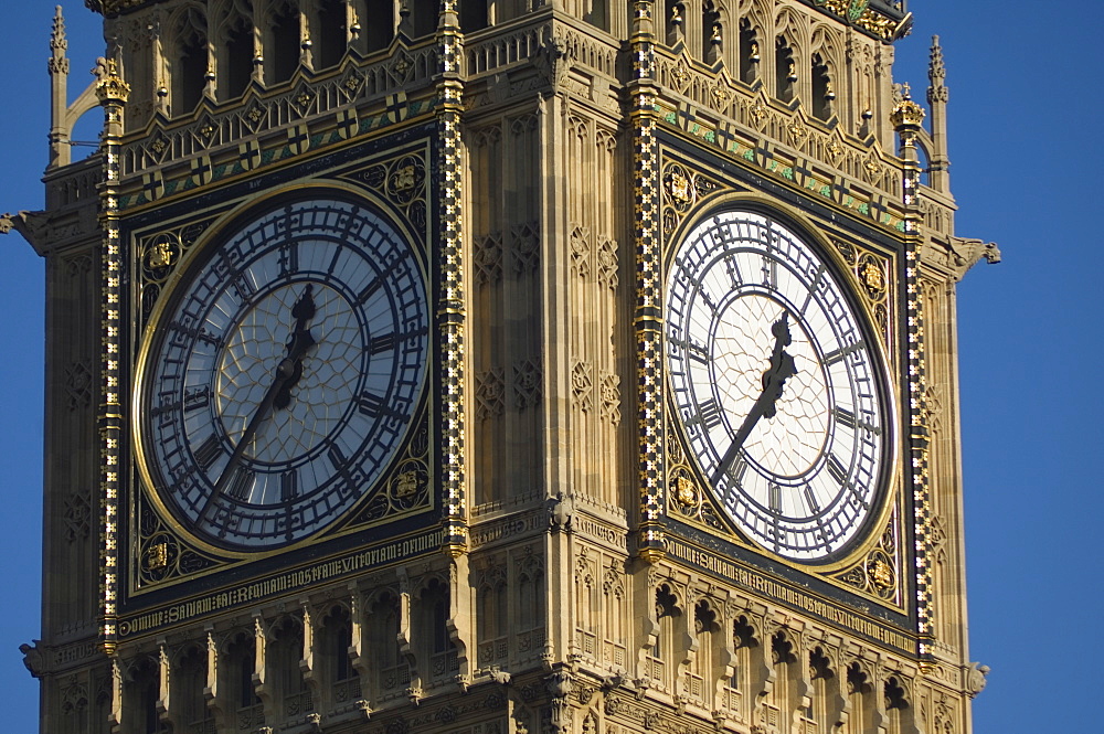 Close up of Big Ben's clock face, Houses of Parliament, Westminster, London, England, United Kingdom, Europe