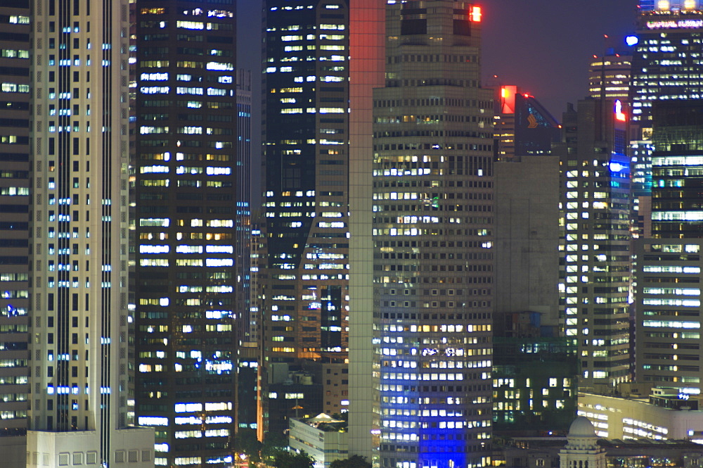 Close up of buildings in the Financial District at night, Singapore, South East Asia