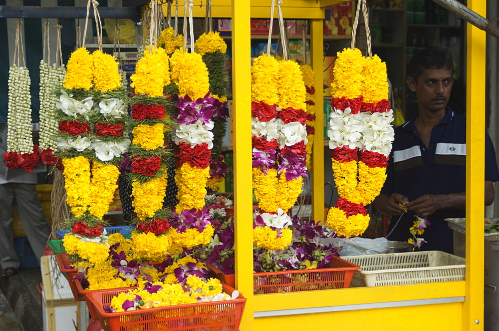 Flower stall selling garlands for temple offerings, Little India, Singapore, South East Asia