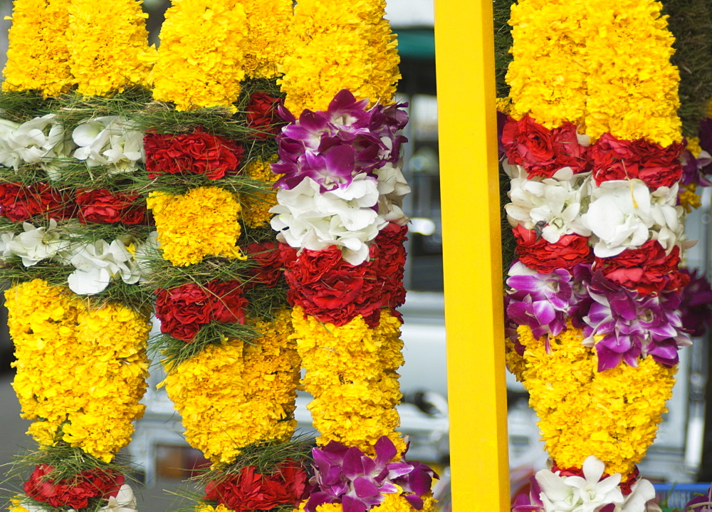 Flower stall selling garlands for temple offerings, Little India, Singapore, South East Asia