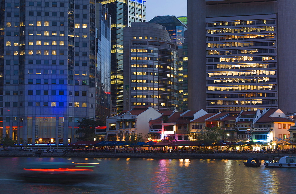 Boat Quay and the Financial District at dusk, Singapore, South East Asia