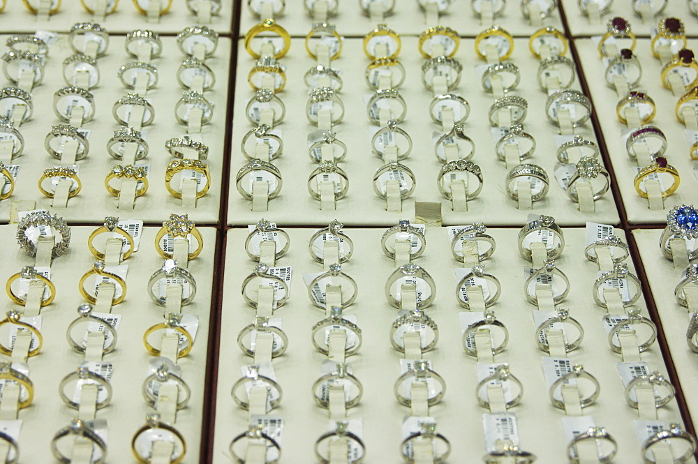 Diamond rings in the Gold Souk, Deira, Dubai, United Arab Emirates, Middle East