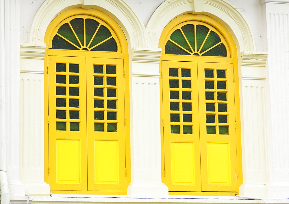 Colourfully painted window shutters in Little India, Singapore, Southeast Asia, Asia