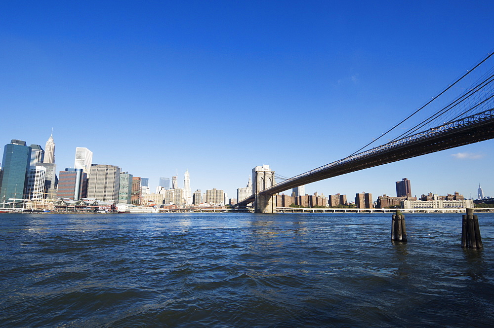 Manhattan skyline, Brooklyn Bridge and the East River from the Fulton Ferry Landing, Brooklyn, New York City, New York, United States of America, North America