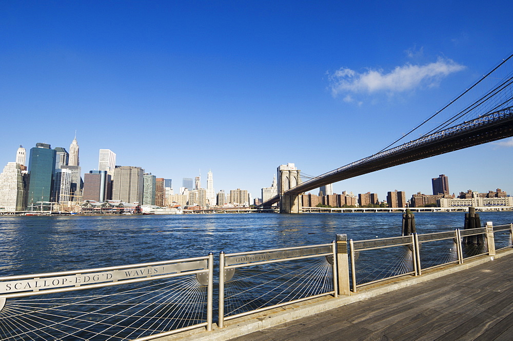 Manhattan skyline, Brooklyn Bridge and the East River from the Fulton Ferry Landing, Brooklyn, New York City, New York, United States of America, North America