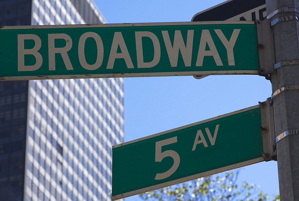 Broadway and 5th Avenue street signs, Manhattan, New York City, New York, United States of America, North America