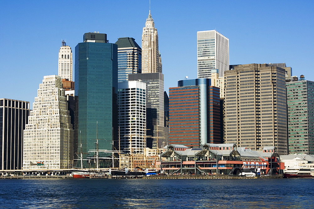 South Street Seaport and tall buildings beyond, Manhattan, New York City, New York, United States of America, North America