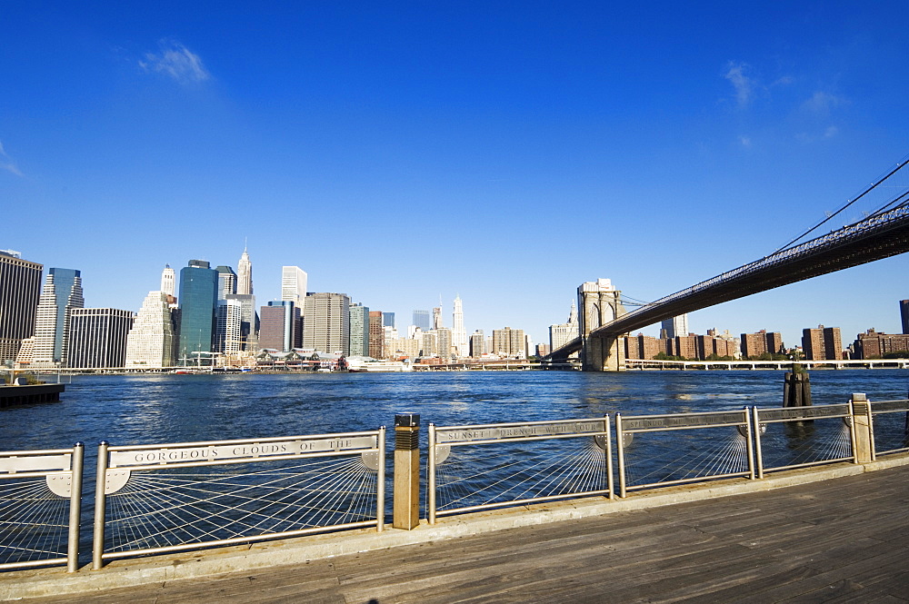 Brooklyn Bridge and Manhattan from Fulton Ferry Landing, Brooklyn, New York City, New York, United States of America, North America