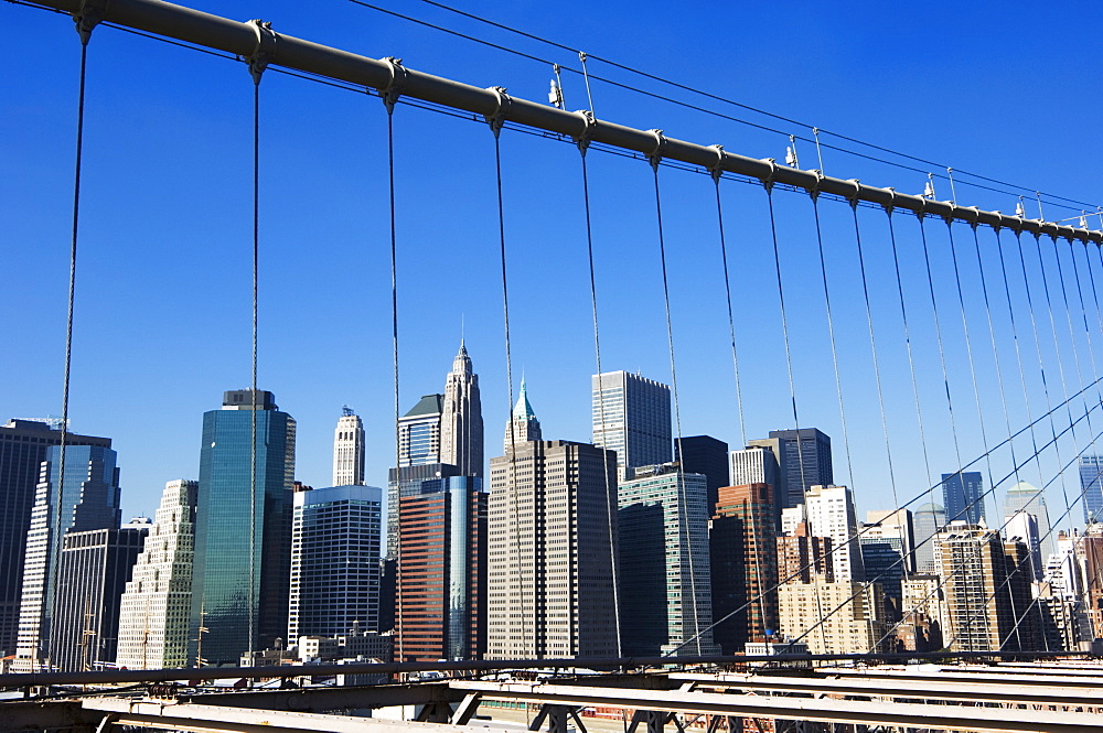 Manhattan skyline from the Brooklyn Bridge, New York City, New York, United States of America, North America