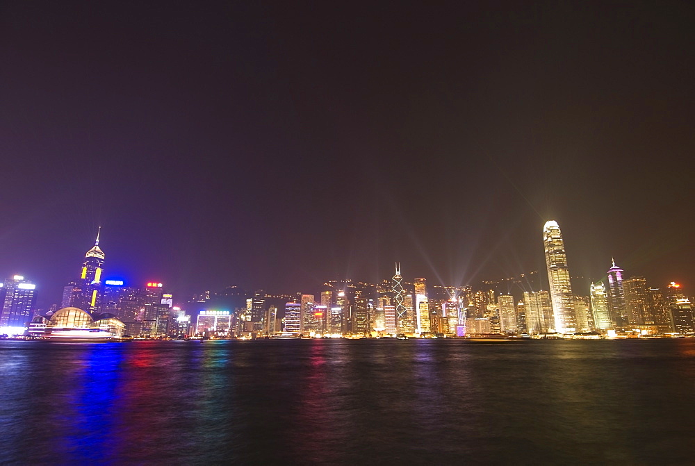 Light show over Hong Kong Island skyline, Hong Kong, China, Asia