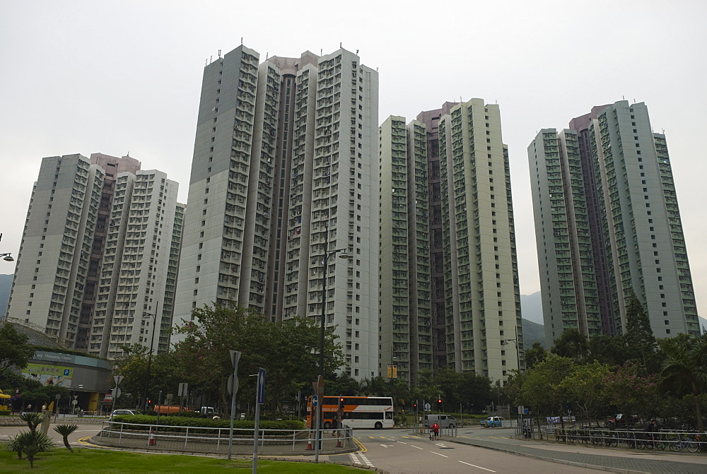 Huge residential apartment blocks in the new suburban town of Tung Chung, Lantau Island, Hong Kong, China, Asia