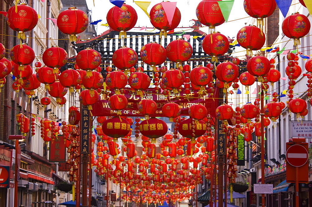 Gerrard Street, Chinatown, during the Chinese New Year celebrations, decorated with colourful Chinese lanterns, Soho, London, England, United Kingdom, Europe