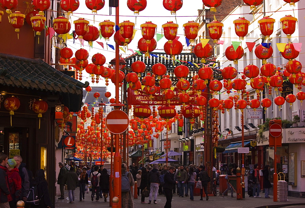 Gerrard Street, Chinatown, during Chinese New Year celebrations colourful lanterns decorate the surrounding streets, Soho, London, England, United Kingdom, Europe