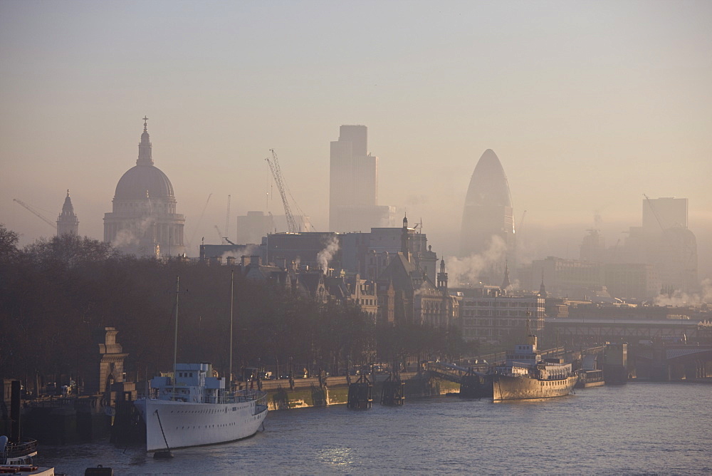 Early morning fog hangs over St. Paul's and the City of London skyline, London, England, United Kingdom, Europe