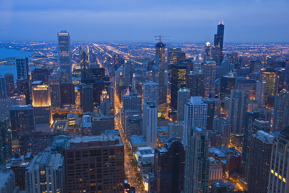 Aerial view of Chicago at dusk, looking south, Chicago, Illinois, United States of America, North America