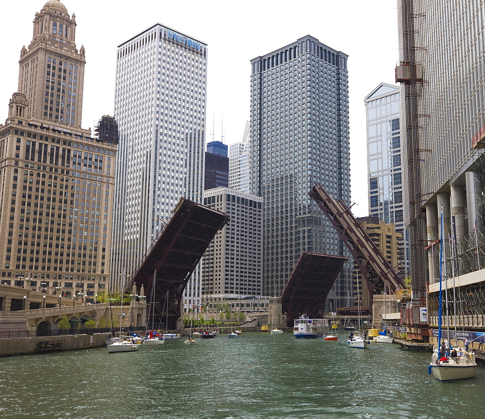 Bridges raised to allow sailboats through, Chicago River, Chicago, Illinois, United States of America, North America