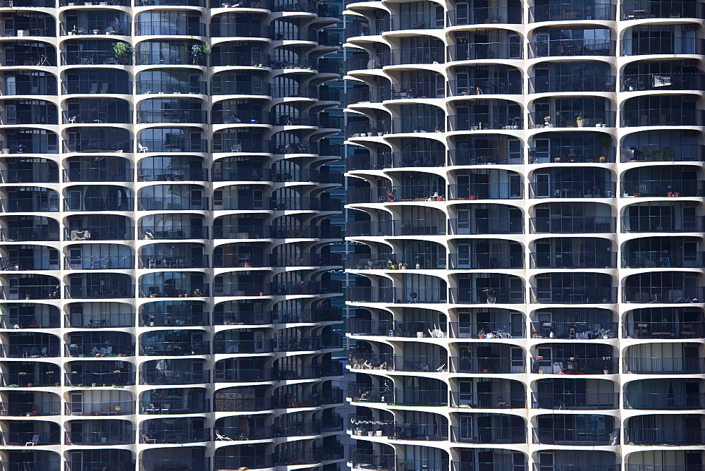 Close-up of Marina City's twin towers, Chicago, Illinois, United States of America, North America