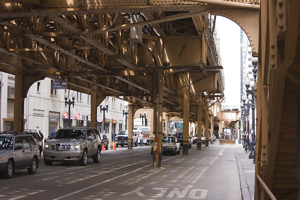 Under the El, the elevated train system in The Loop, Chicago, Illinois, United States of America, North America