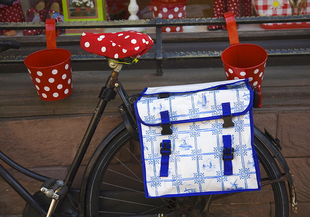 Old bicycle with a Delft design saddlebag. Amsterdam, Netherlands, Europe