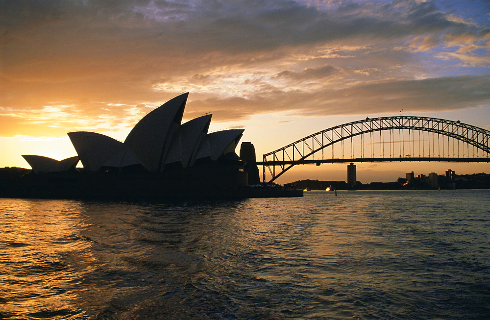 Sydney Opera House and Harbour Bridge in the evening, Sydney, New South Wales, Australia