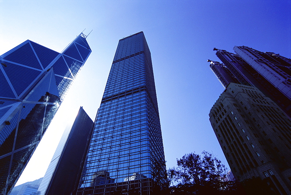 Bank of China on left, Cheung Kong Center in centre, H.S.B.C. Building on right, Central, Hong Kong Island, Hong Kong, China, Asia