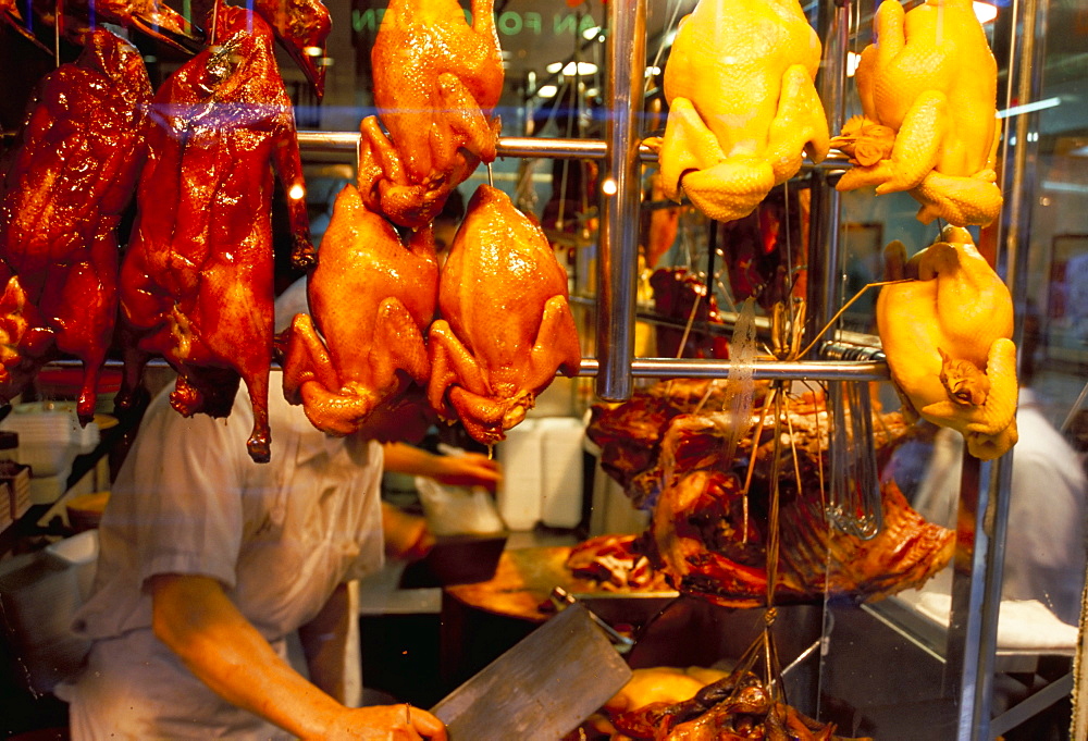 Peking ducks hanging in shop window, Hong Kong, China, Asia