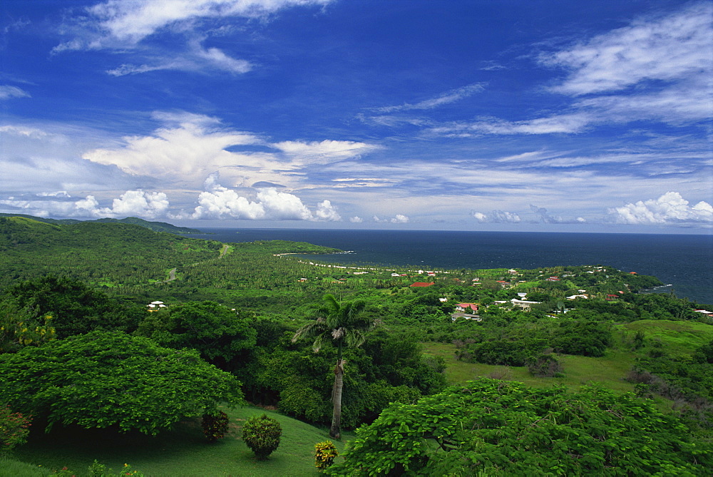 Aerial view over the grounds of Fort King George, built between 1784 and 1787, above the town of Scarborough, Tobago, West Indies, Caribbean, Central America