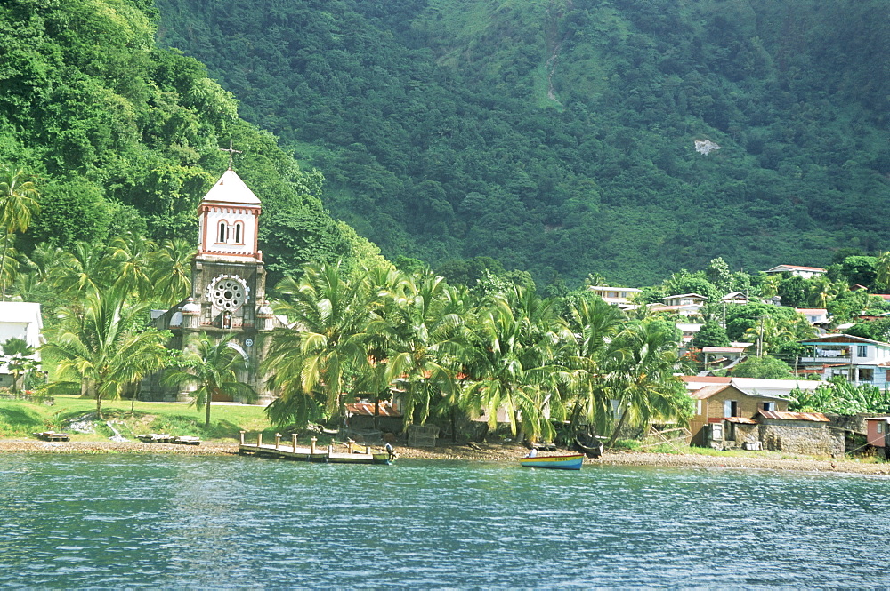 Village of Soufriere and church from the sea, Dominica, Windward Islands, West Indies, Caribbean, Central America