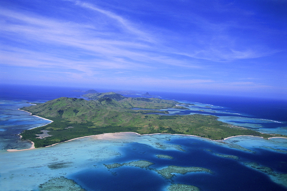 Aerial view of Yasawa Island, one of the driest parts of Fiji, Yasawa group, Fiji, South Pacific islands, Pacific