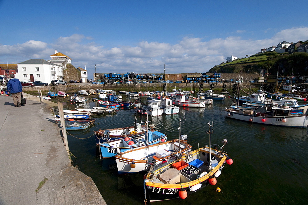 Small harbour crowded with traditional fishing boats at Mevagissey, south Cornwall, England, United Kingdom, Europe