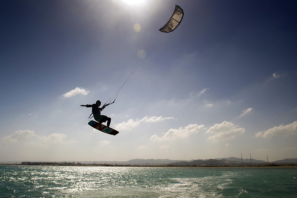 Kite surfing on Red Sea coast of Egypt, North Africa, Africa