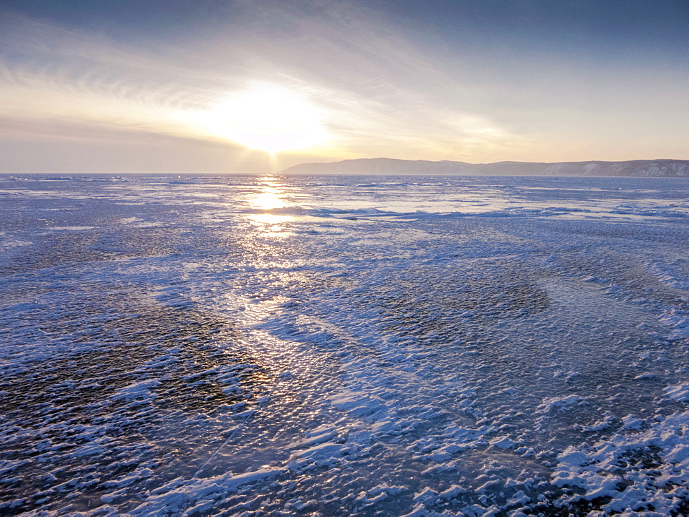 One metre thick ice on the surface of frozen Lake Baikal, Village of Listvyanka near Irkutsk, Siberia, Russia, Eurasia