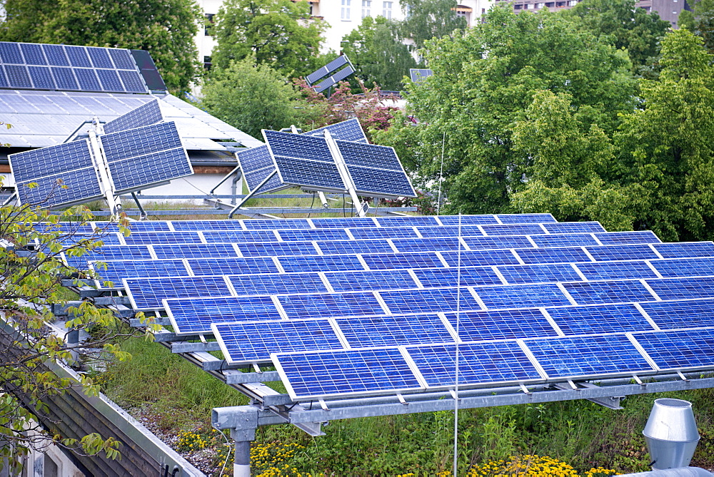 One of the first combined photovoltaic/solar panelled and green roofs built in the world, experimental roof built in 1990s, Berlin, Germany, Europe