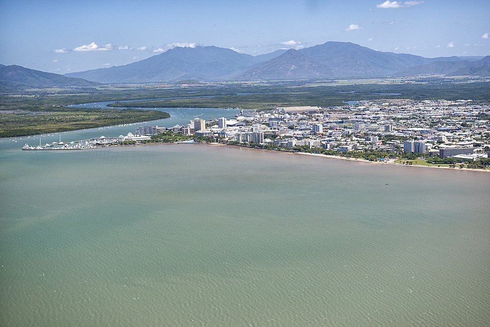 Aerial photograph of the city and the mouth of Trinity Inlet an important shelter for small shipping, Cairns, North Queensland, Australia, Pacific