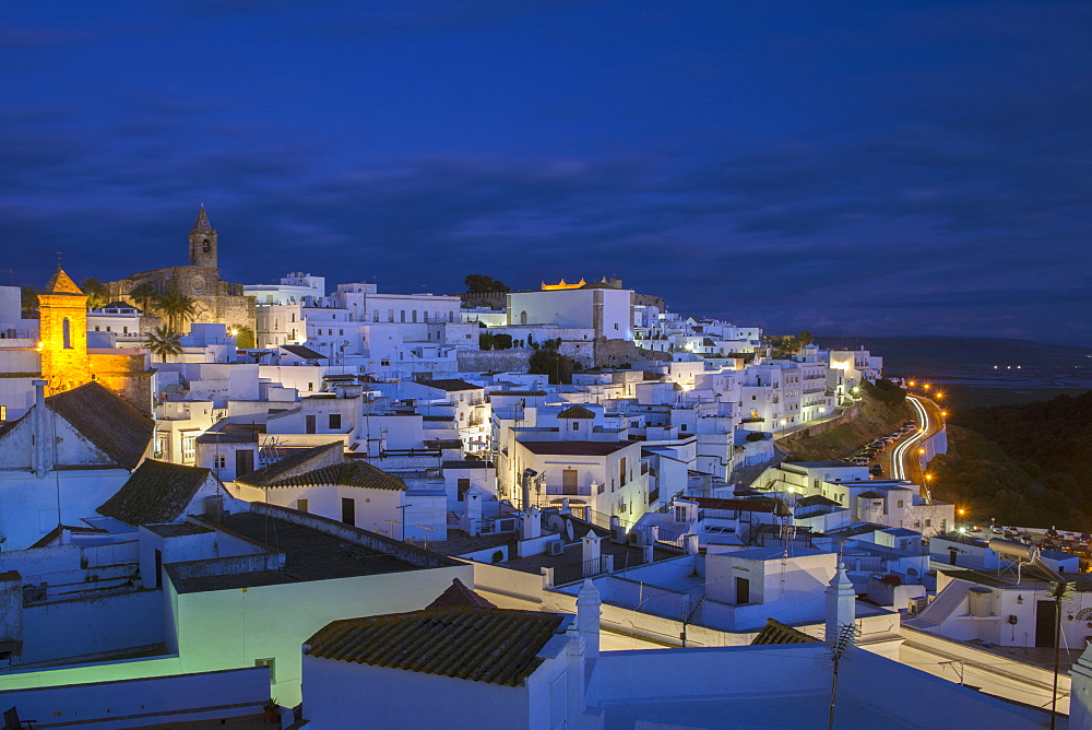 Evening rooftop views of the whitewashed village (Pueblos blanca) of Vejer de la Frontera, Cadiz province, Andalucia, Spain, Europe