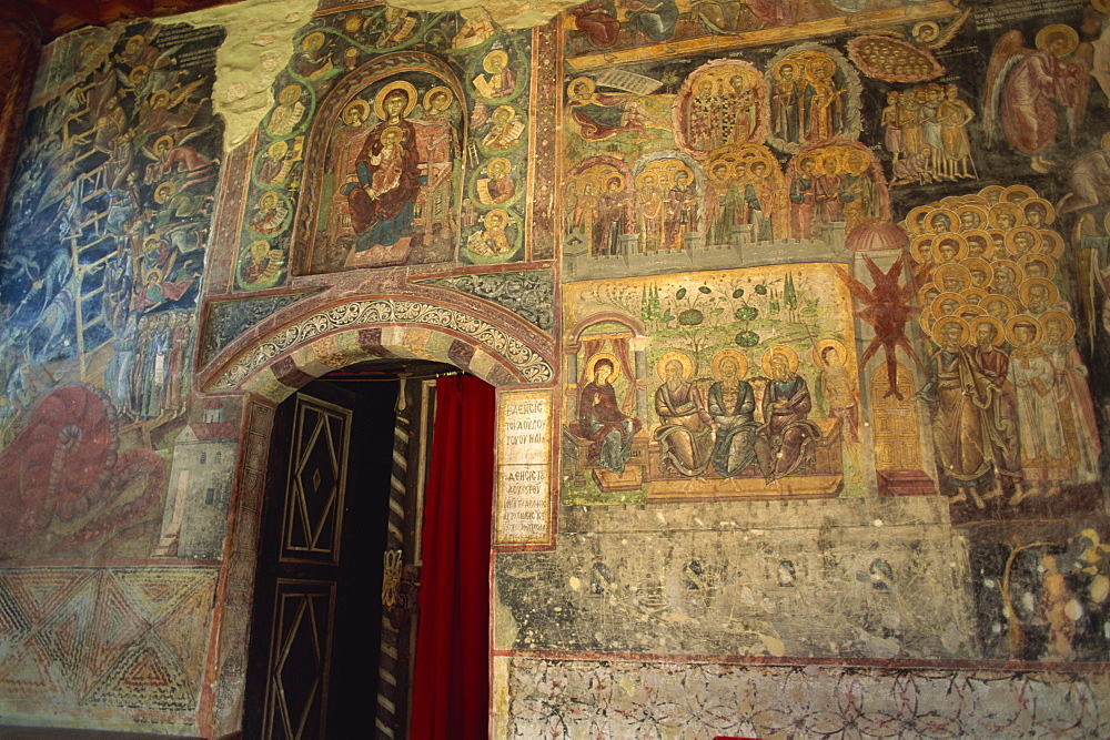 Ancient religious mural at the entrance to the church in the 12th century monastery, Rozhen, Bulgaria, Europe