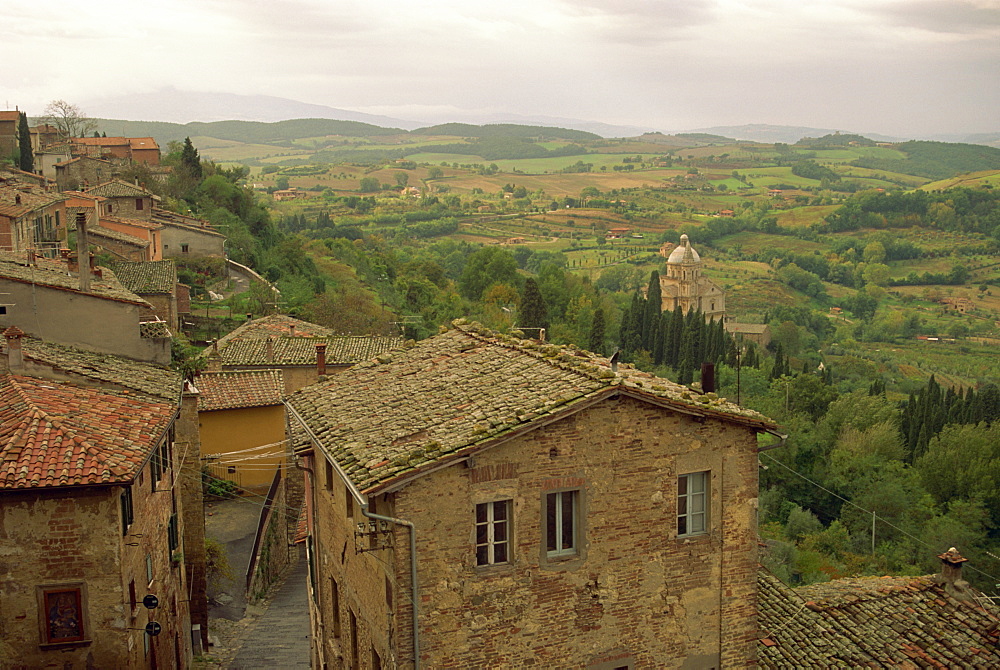 Aerial view over small town and countryside of Tuscany, Italy, Europe